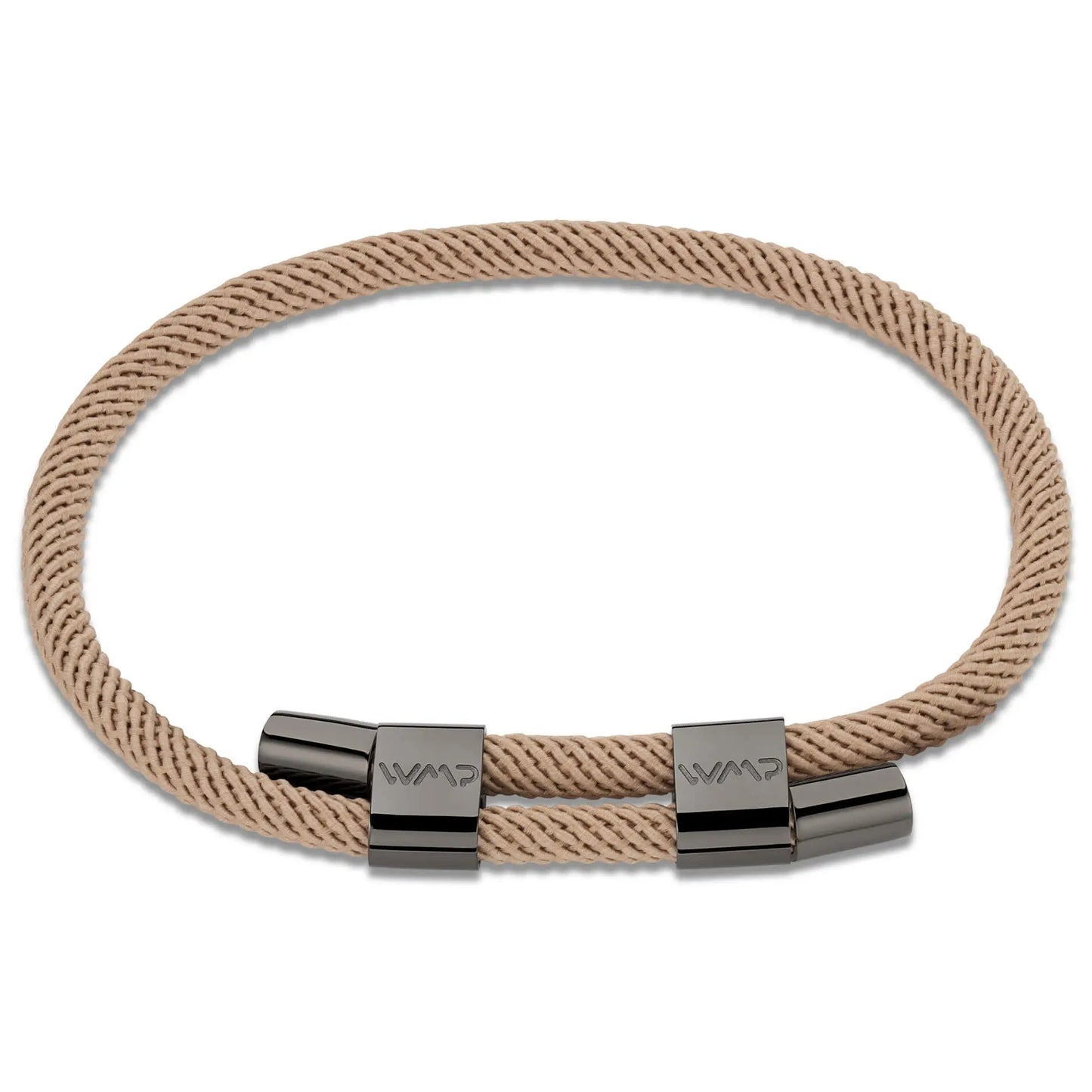 Sand / Gunmetal || Gunmetal Stainless Steel Bracelet Set with Beige Rope Detail for Men on a white background