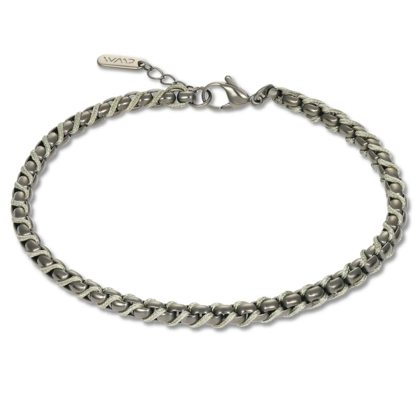 Gun Metal / Olive Green Rope || Minimal Gunmetal Chain Bracelet with Green Woven Rope.