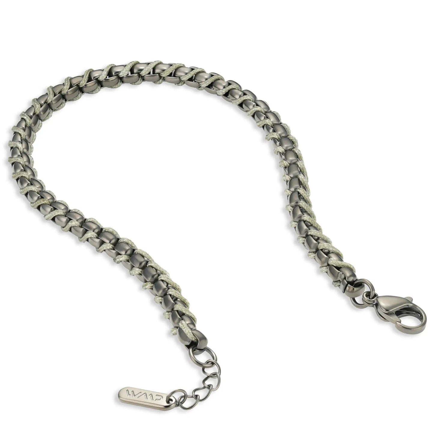 Gun Metal / Olive Green Rope || Minimal Gunmetal Chain Bracelet with Green Woven Rope.