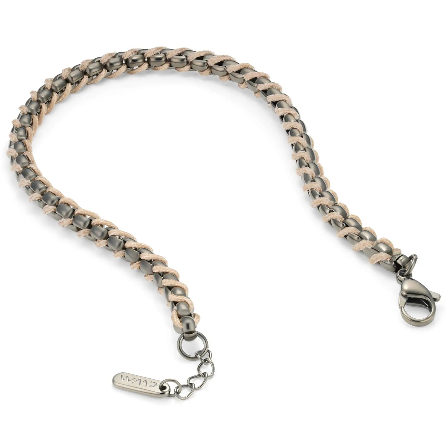 Gun Metal / Sand Rope || Minimal Gunmetal Chain Bracelet with Brown Woven Rope.