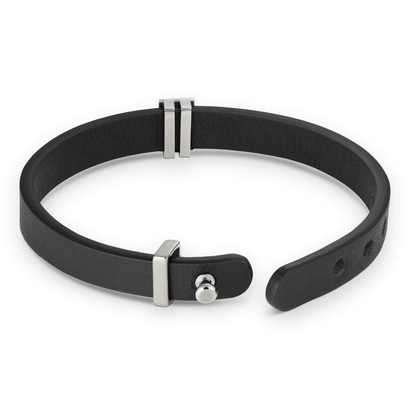 Gun Metal / Black Leather || Back view of Black Leather Cuff Bracelet with Gunmetal Metal Accents on a white background.