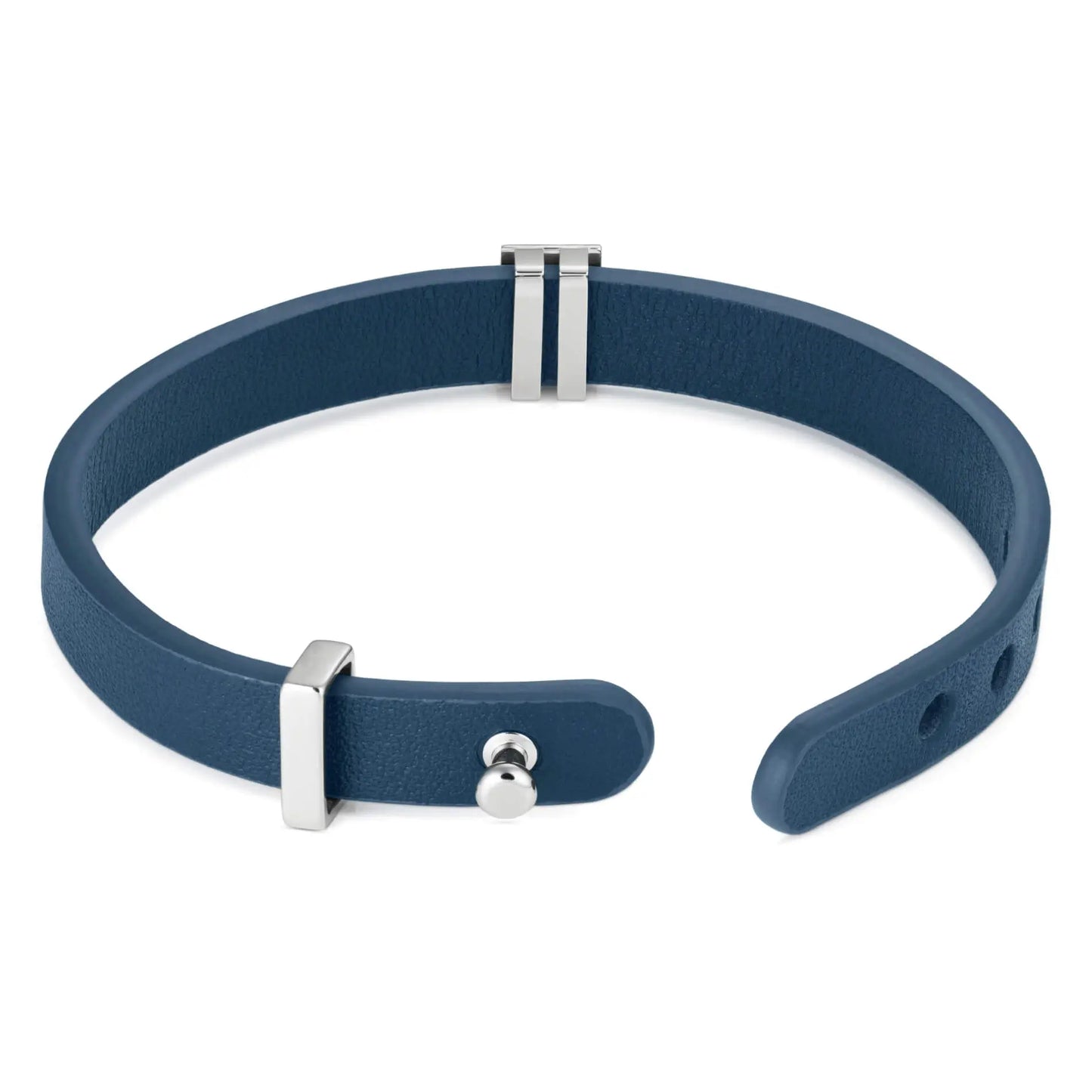 Silver / Navy Leather || Back view of Blue Leather Cuff Bracelet with Silver Metal Accents on a white background.