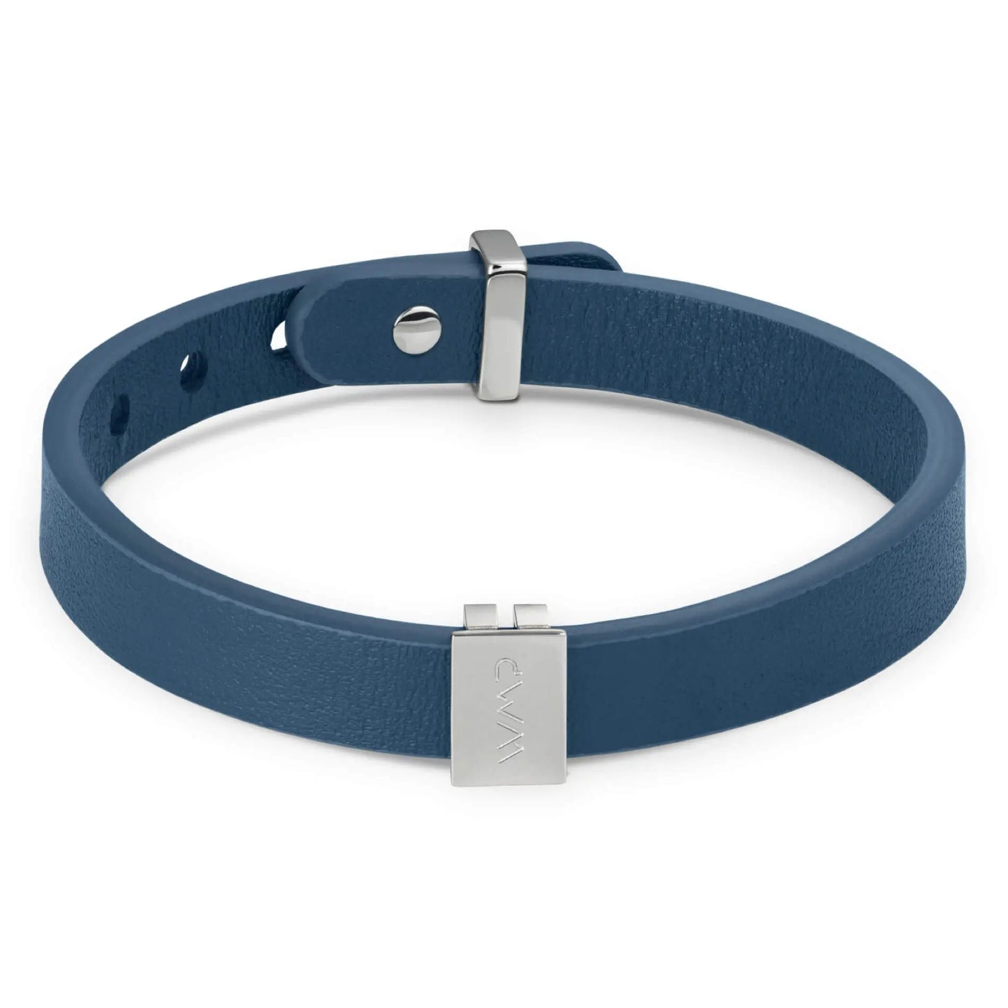 Silver / Navy Leather || Blue Leather Cuff Bracelet with Silver Metal Accents on a white background.
