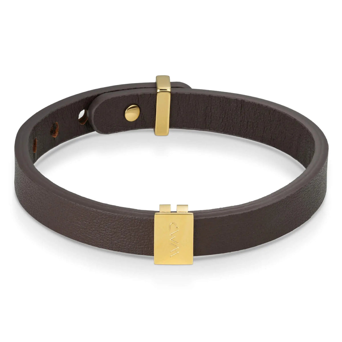 Gold / Dark Brown Leather || Brown Leather Cuff Bracelet with Gold Metal Accents on a white background