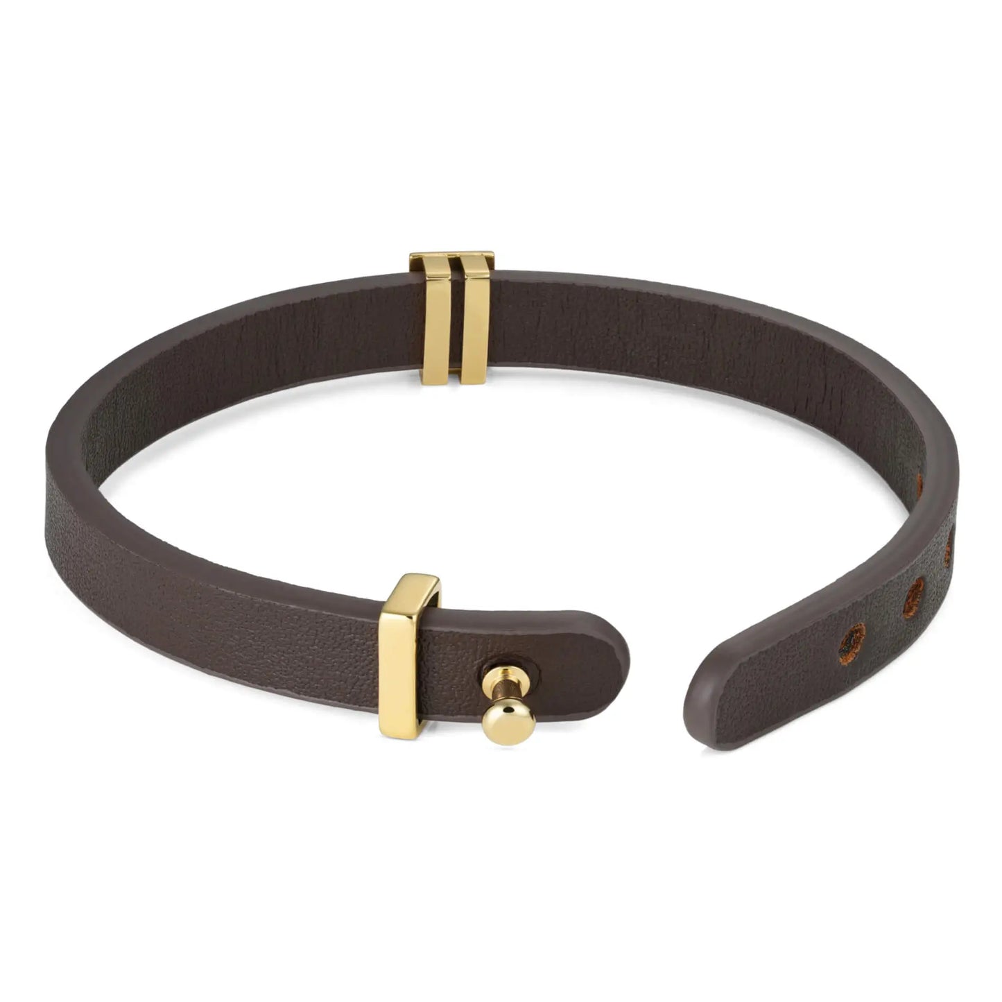 Gold / Dark Brown Leather || Back view of Brown Leather Cuff Bracelet with Gold Metal Accents on a white background.