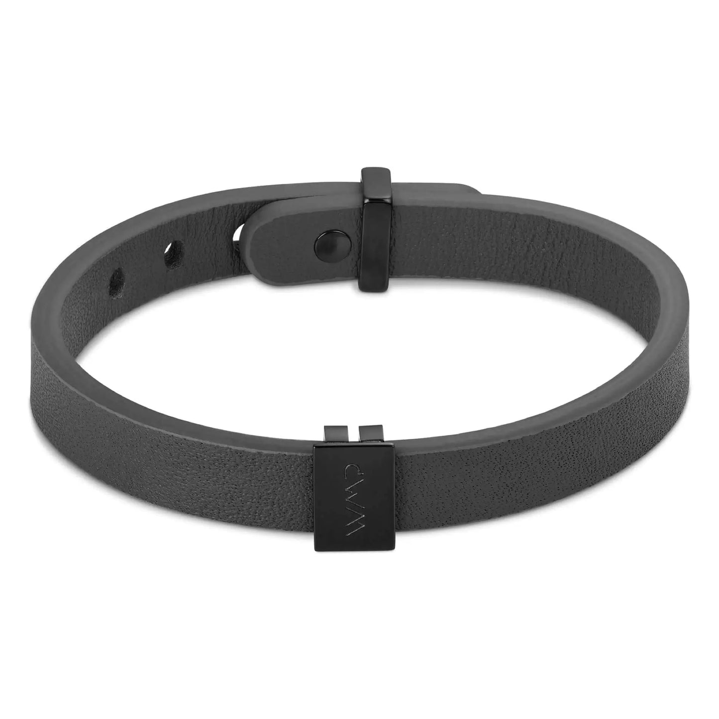Black Metal / Grey Leather || Grey Leather Cuff Bracelet with Black Metal Accents on a white background.