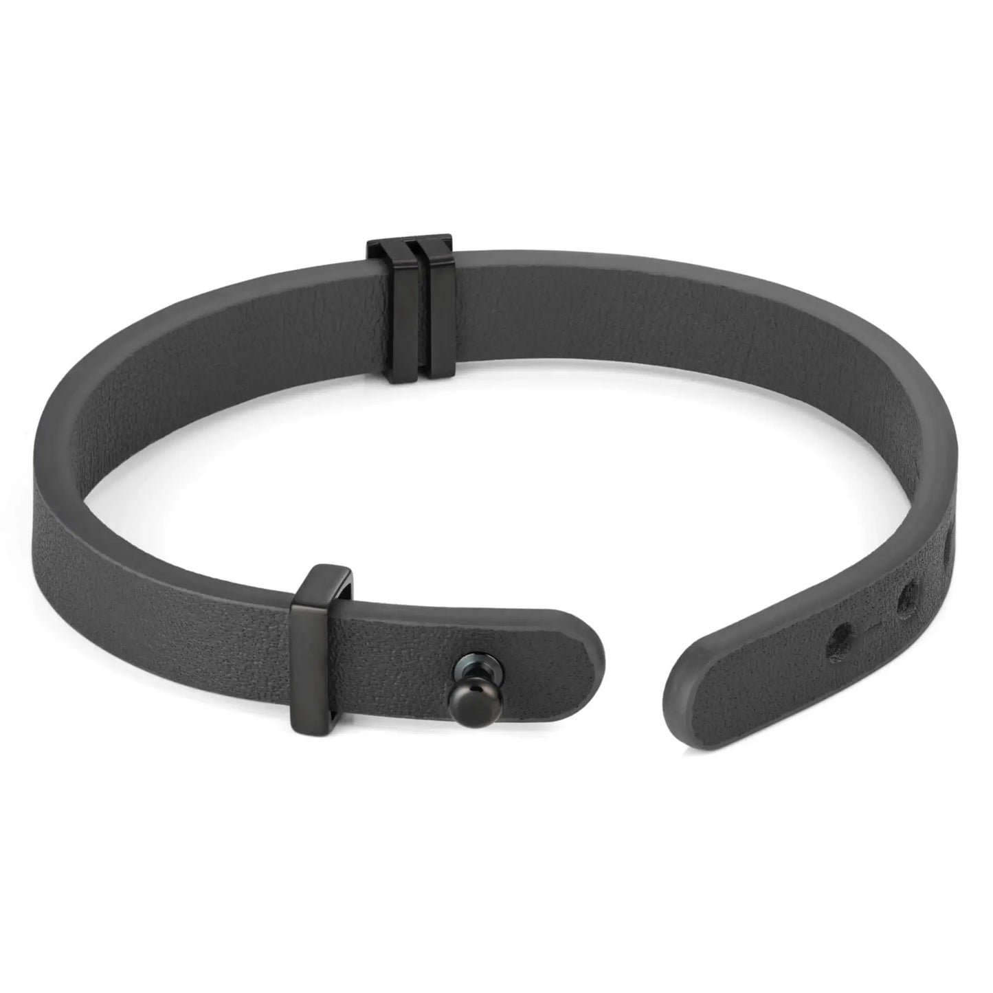 Black Metal / Grey Leather || Back view of Grey Leather Cuff Bracelet with Black Metal Accents on white background.