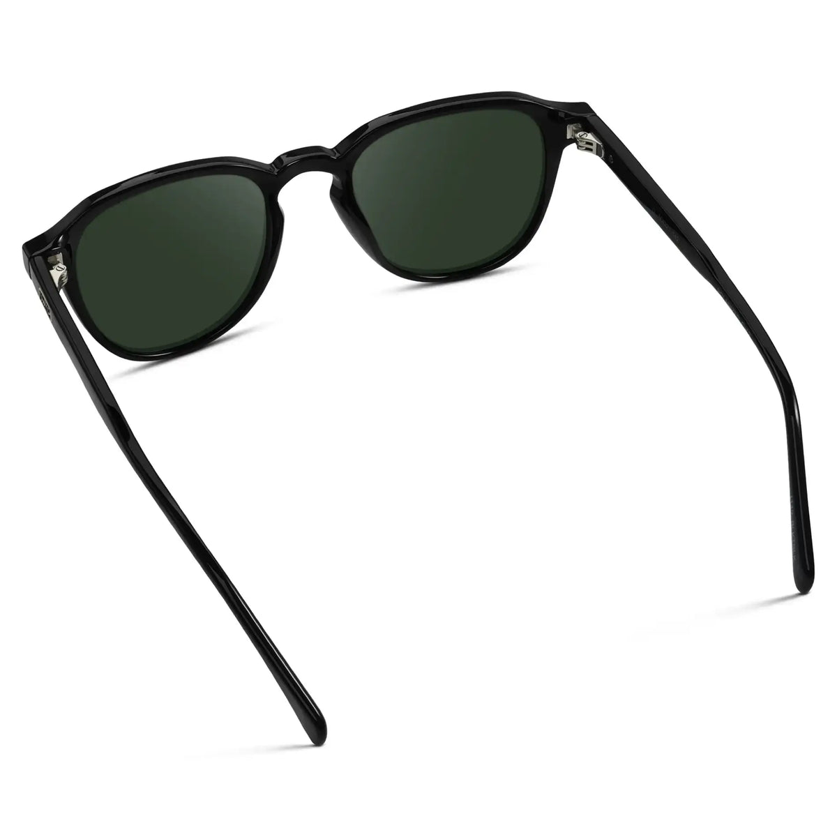 Black / G15 || Back view of Men's Round Prescription Sunglasses with Black Frame and Green Lenses on a white background
