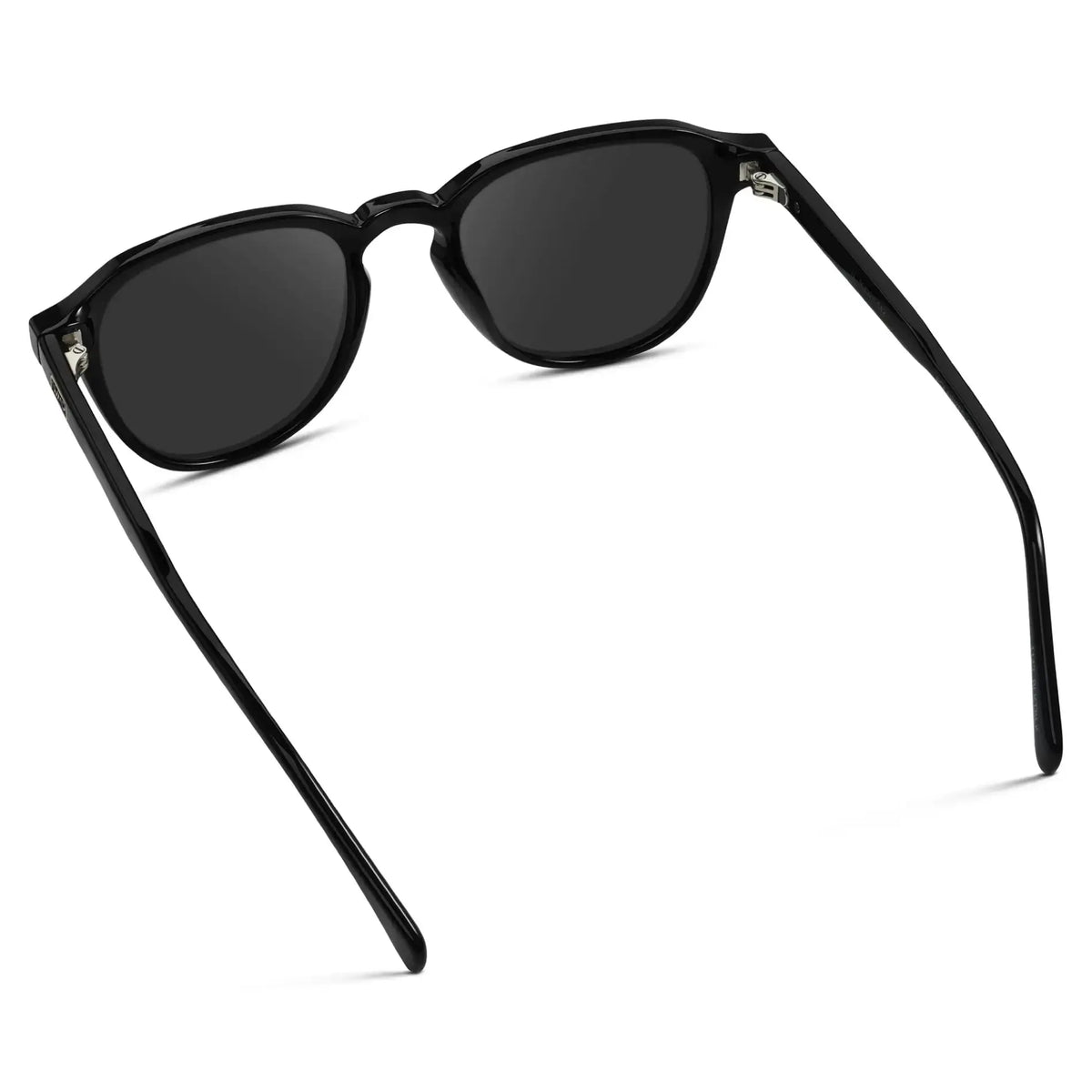 Black / Grey || Back view of Men's Round Prescription Sunglasses with Black Frame and Grey Lenses on a white background