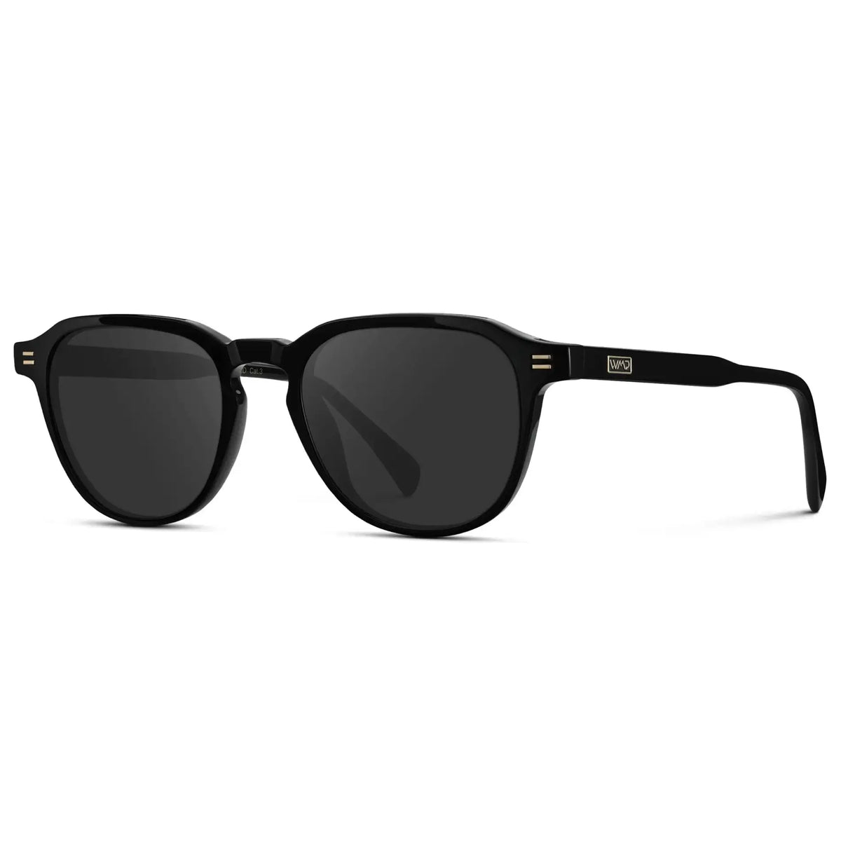 Black / Grey || Side view of Men's Round Prescription Sunglasses with Black Frame and Grey Lenses on a white background