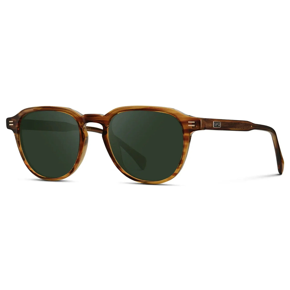 Golden Brown Grain / G15 || Side view of Men's Round Prescription Sunglasses with Golden Brown Grain Frame and Green Lenses on a white background