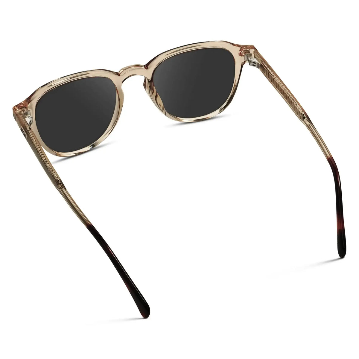 Sand Brown / Grey || Back view of Men's Round Prescription Sunglasses with Sand Brown Frame and Grey Lenses on a white background