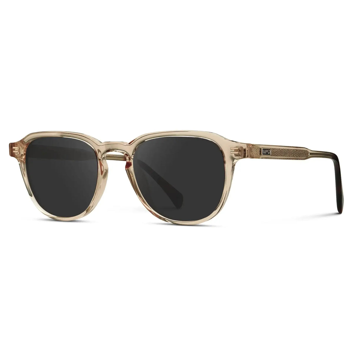 Sand Brown / Grey || Side view of Men's Round Prescription Sunglasses with Sand Brown Frame and Grey Lenses on a white background