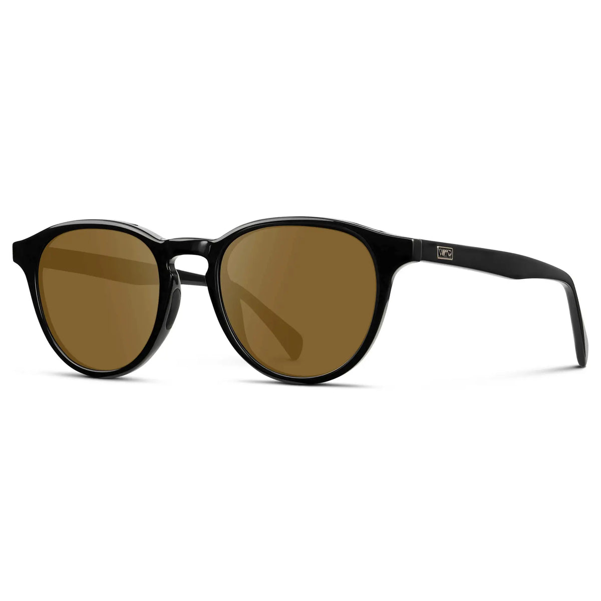 Black / Amber || side view of Unisex Round Performance Prescription Sunglasses with Black Acetate Frame and Amber Lens on a white background