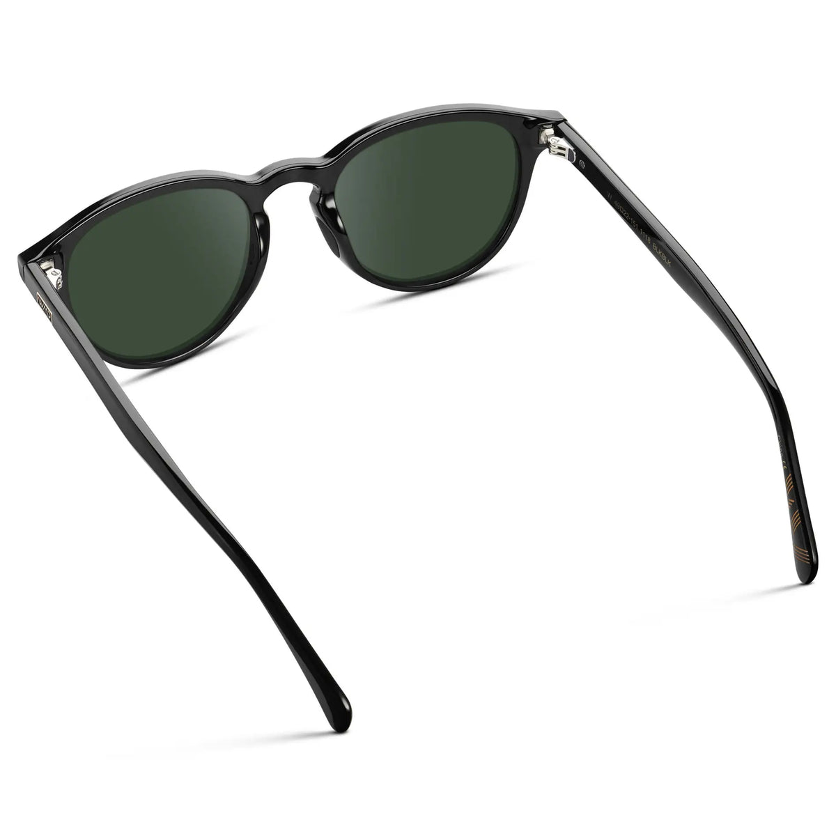 Black / G15 || Back view of Unisex Round Performance Prescription Sunglasses with Black Acetate Frame and Green Lens on a white background