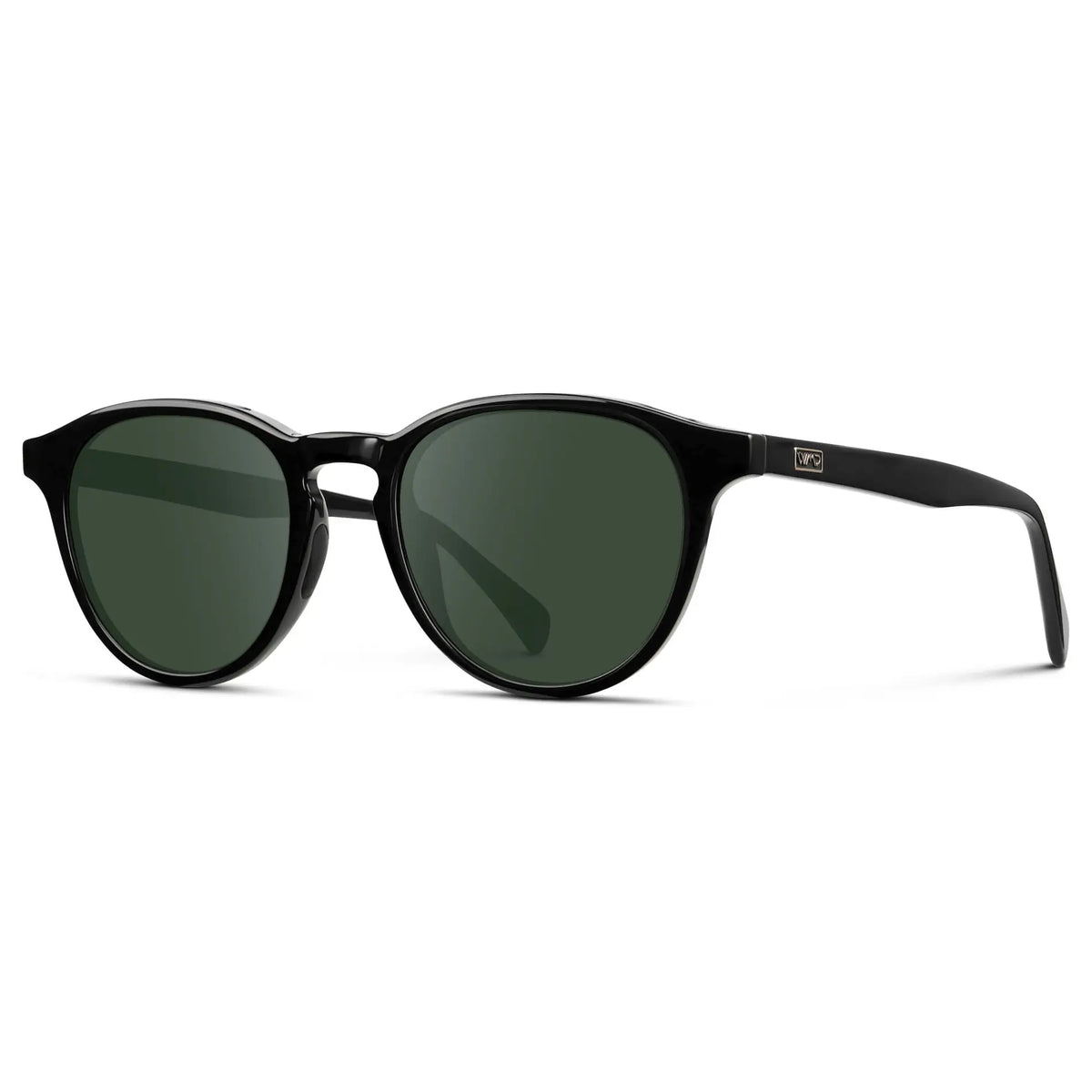 Black / G15 || Side view of Unisex Round Performance Prescription Sunglasses with Black Acetate Frame and Green Lens on a white background