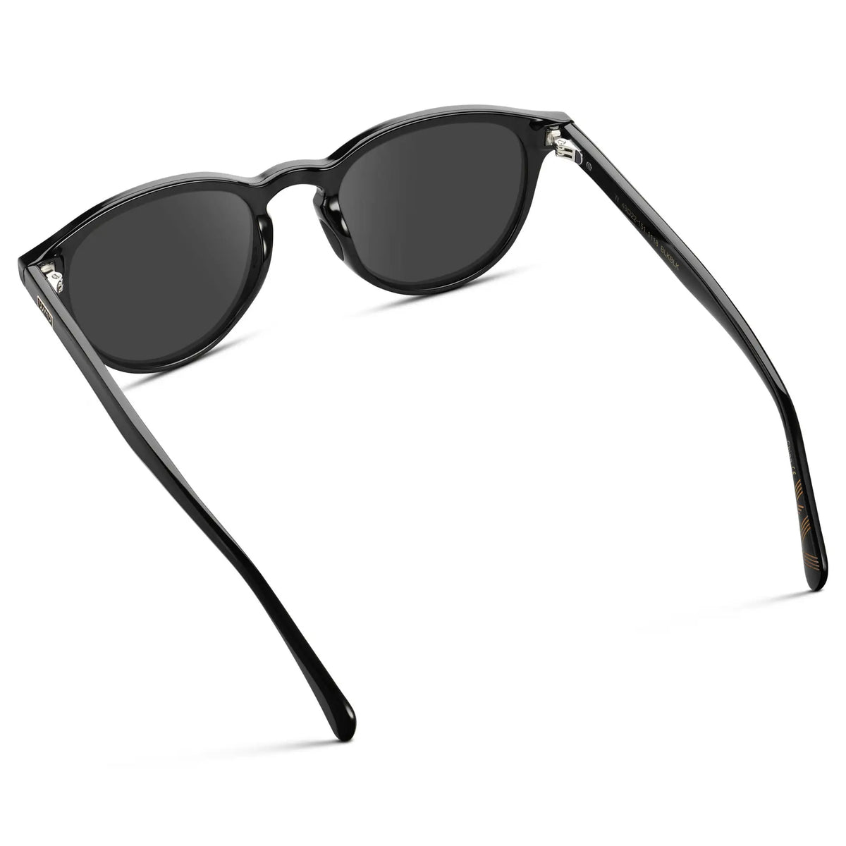 Black / Grey || Back view of Unisex Round Performance Prescription Sunglasses with Black Acetate Frame and Grey Lens on a white background