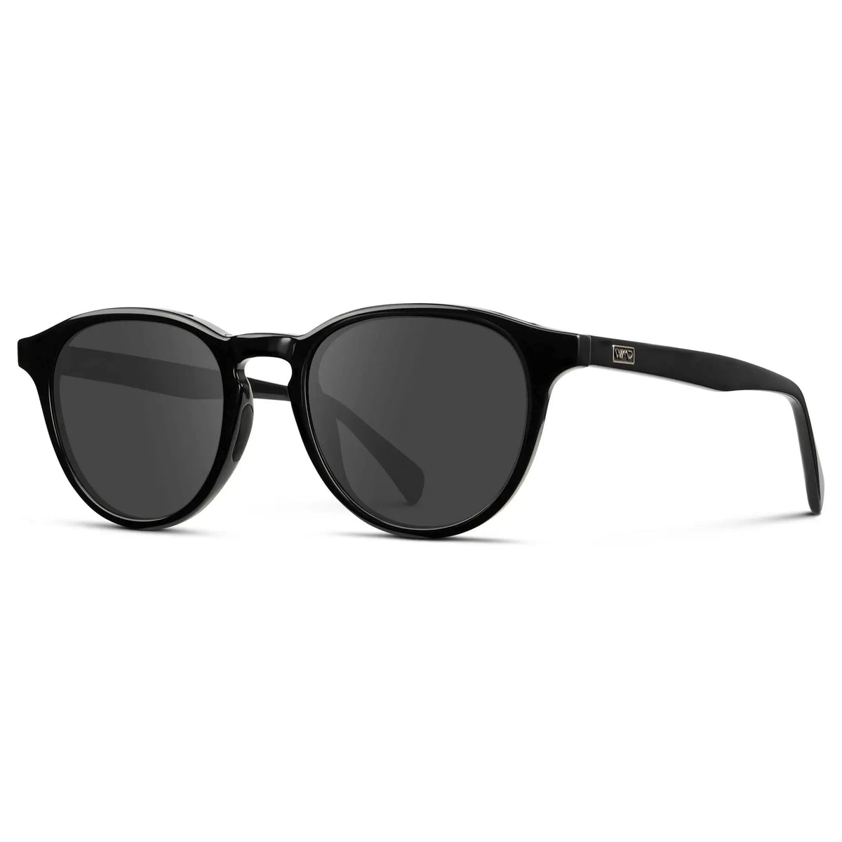 Black / Grey || Side view of Unisex Round Performance Prescription Sunglasses with Black Acetate Frame and Grey Lens on a white background