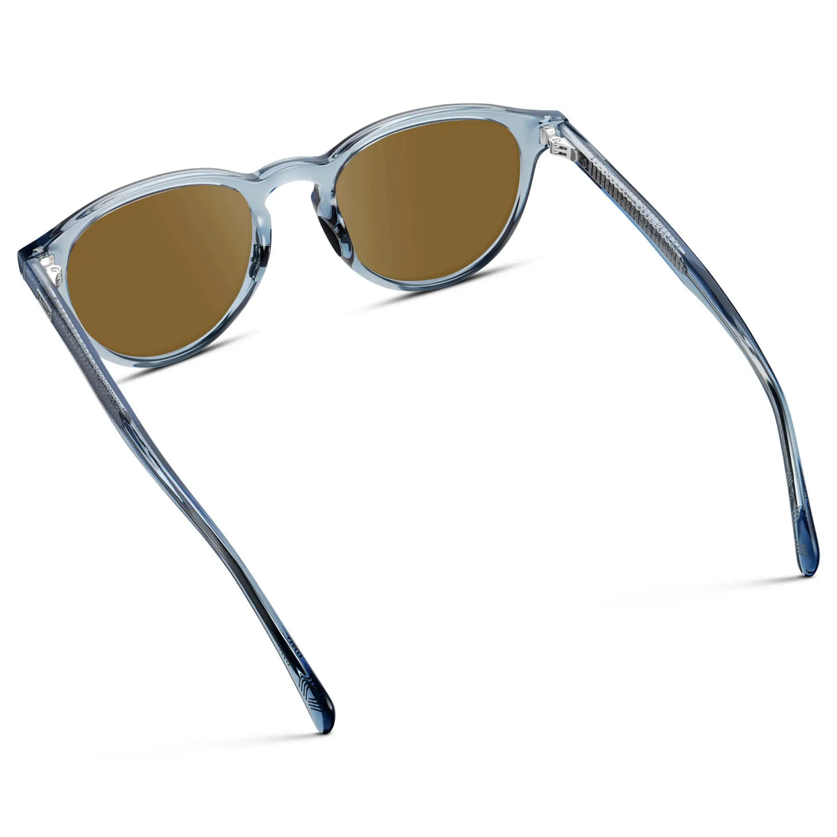 Denim Blue / Amber || Back view of Unisex Round Performance Prescription Sunglasses with Blue Acetate Frame and Amber Lens on a white background