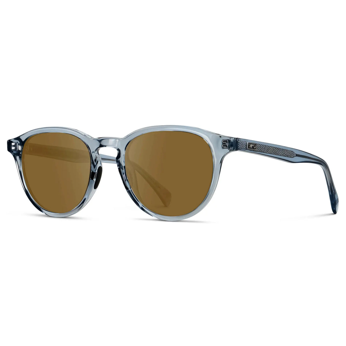 Denim Blue / Amber || Side view of Unisex Round Performance Prescription Sunglasses with Blue Acetate Frame and Amber Lens on a white background