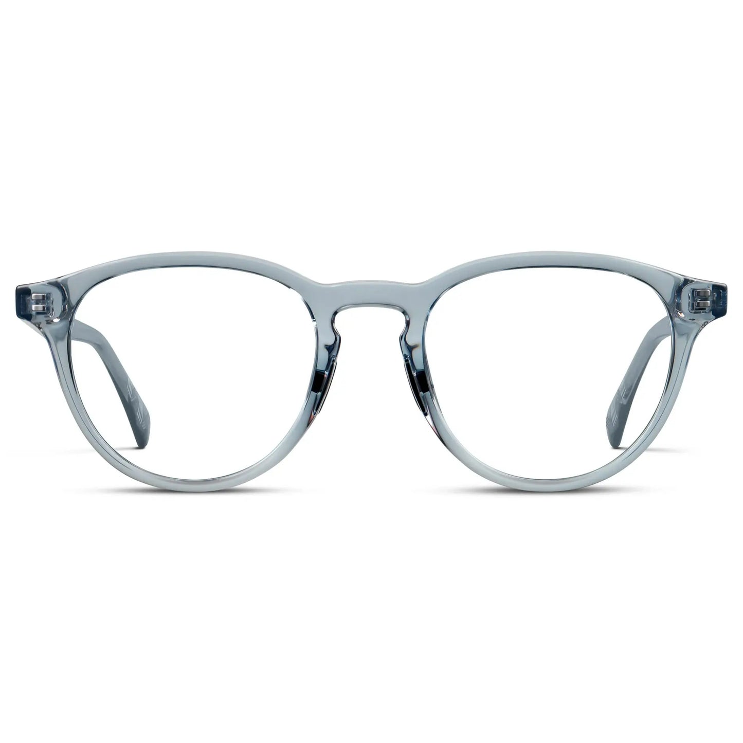 Denim Blue || Unisex Round Performance Eyeglasses with Denim Blue Acetate Frame and Clear Prescription Lens on a white background