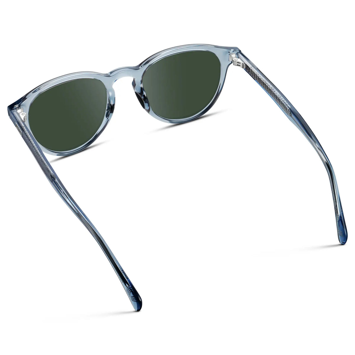 Denim Blue / G15 || Back view of Unisex Round Performance Prescription Sunglasses with Blue Acetate Frame and Green Lens on a white background