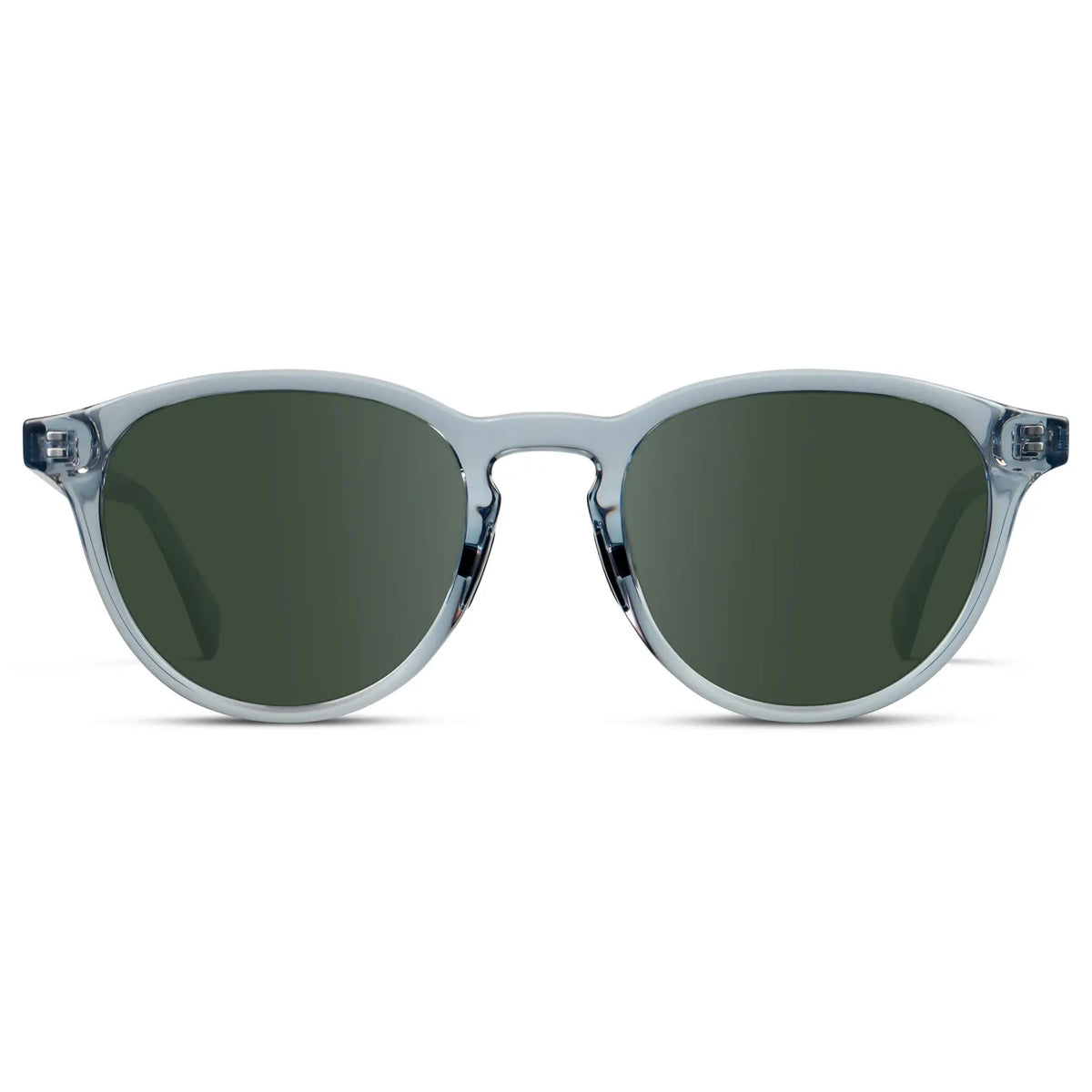 Denim Blue / G15 || Unisex Round Performance Prescription Sunglasses with Blue Acetate Frame and Green Lens on a white background