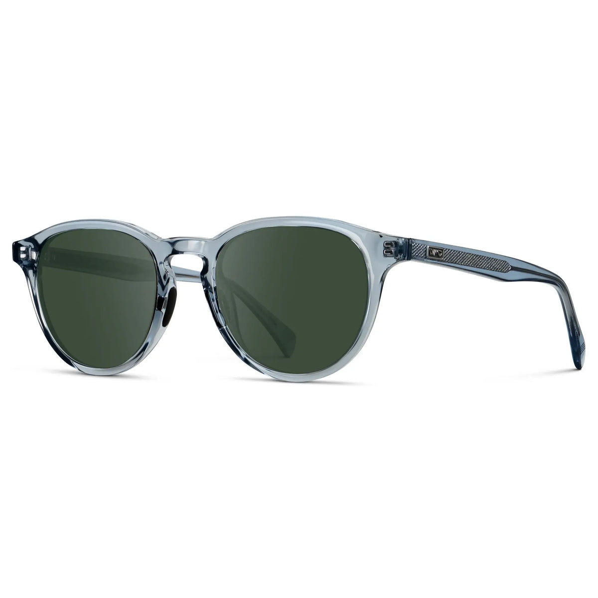 Denim Blue / G15 || Side view of Unisex Round Performance Prescription Sunglasses with Blue Acetate Frame and Green Lens on a white background