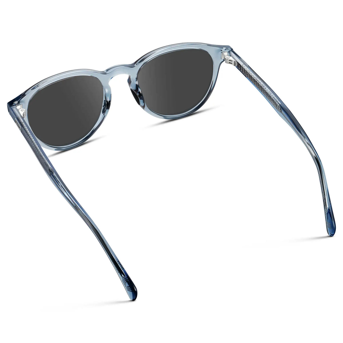Denim Blue / Grey || Back view of Unisex Round Performance Prescription Sunglasses with Blue Acetate Frame and Grey Lens on a white background