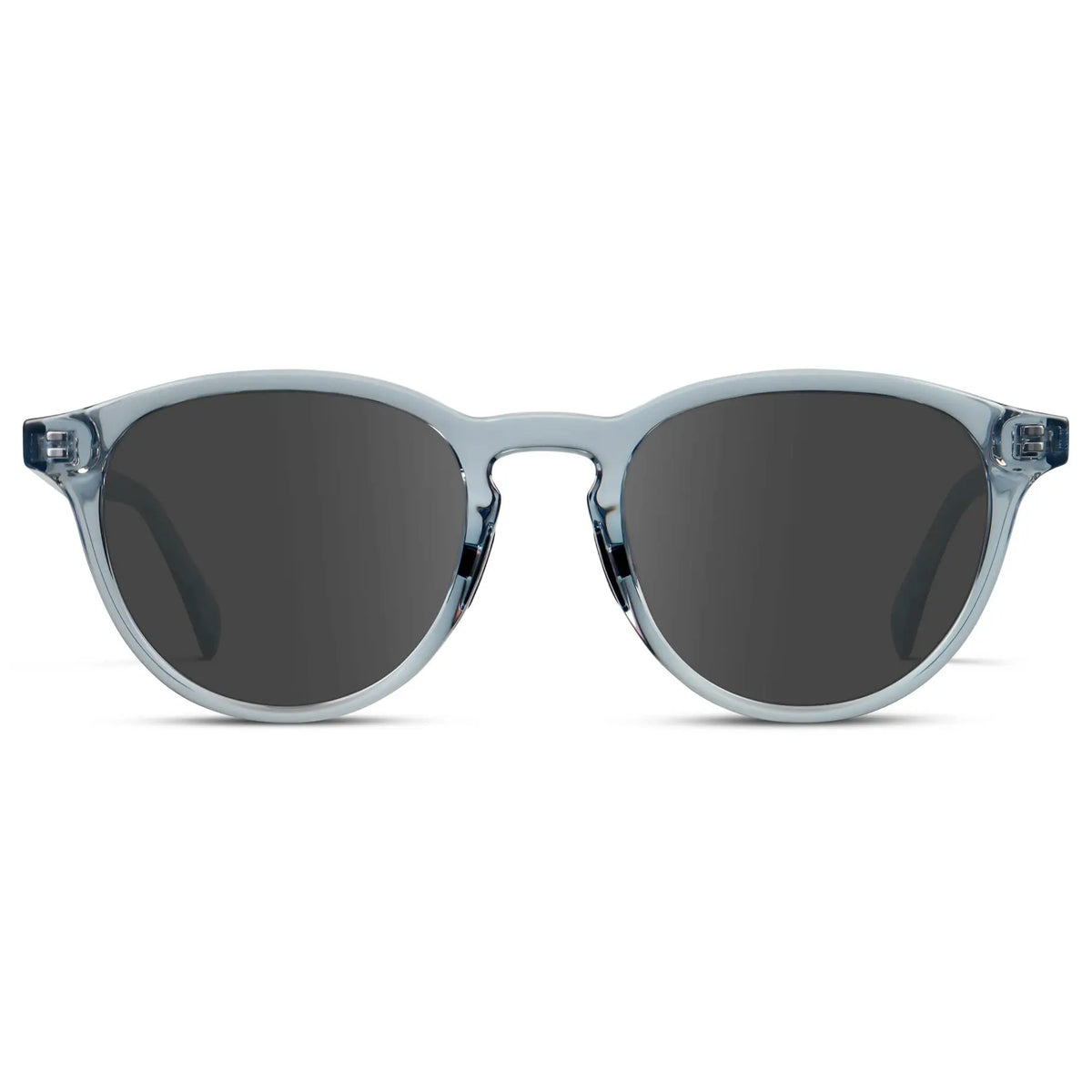 Denim Blue / Grey || Unisex Round Performance Prescription Sunglasses with Blue Acetate Frame and Grey Lens on a white background