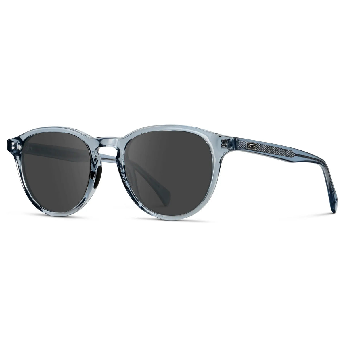 Denim Blue / Grey || Side view of Unisex Round Performance Prescription Sunglasses with Blue Acetate Frame and Grey Lens on a white background