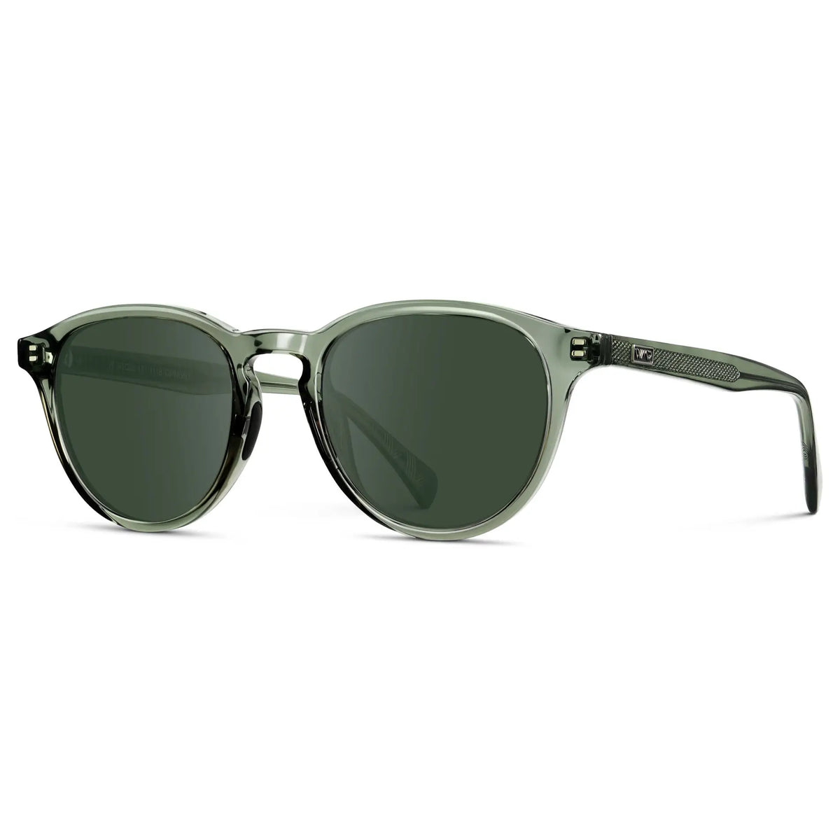 Crystal Agave Green / G15 || Side view of Unisex Round Performance Prescription Sunglasses with Green Acetate Frame and Green Lens on a white background