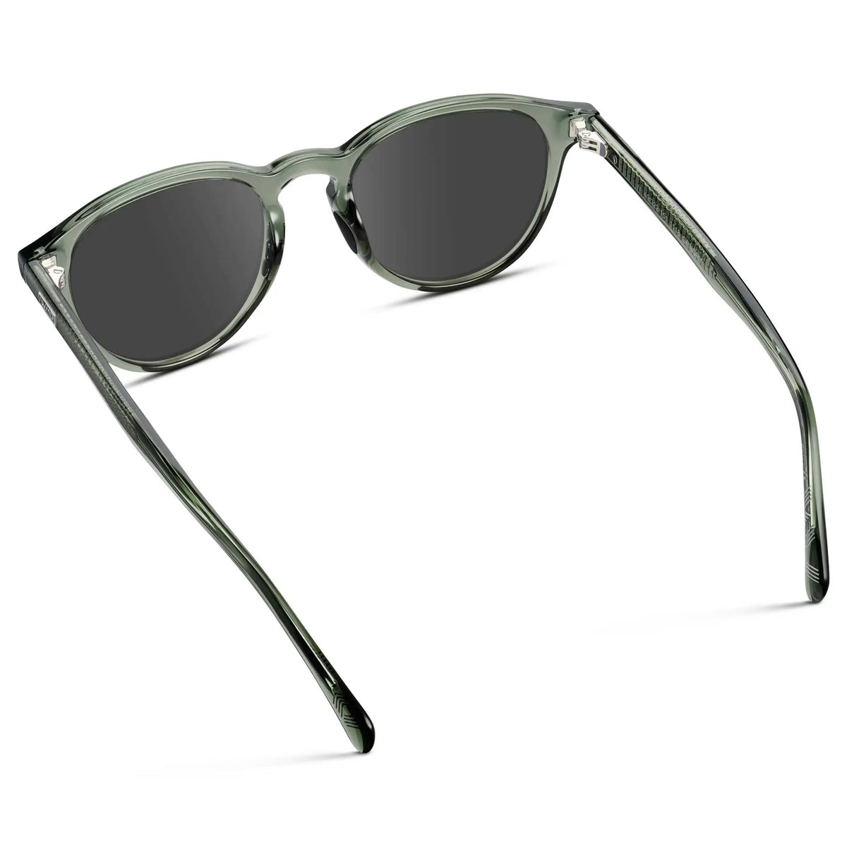 Crystal Agave Green / Grey || Back view of Unisex Round Performance Prescription Sunglasses with Green Acetate Frame and Grey Lens on a white background