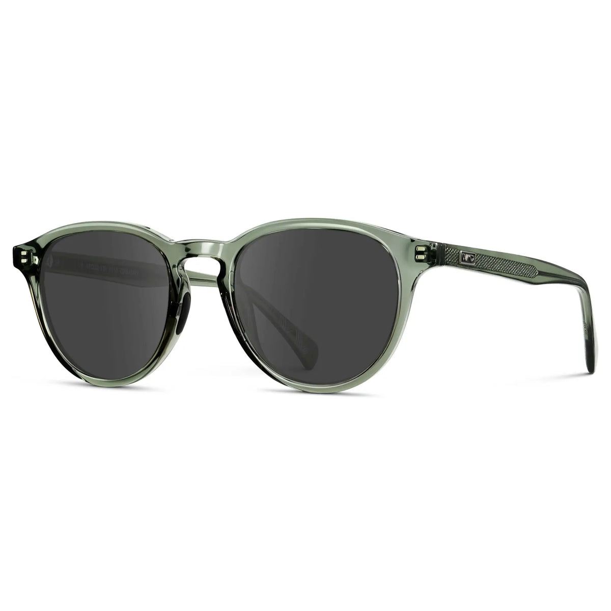 Crystal Agave Green / Grey || Side view of Unisex Round Performance Prescription Sunglasses with Green Acetate Frame and Grey Lens on a white background