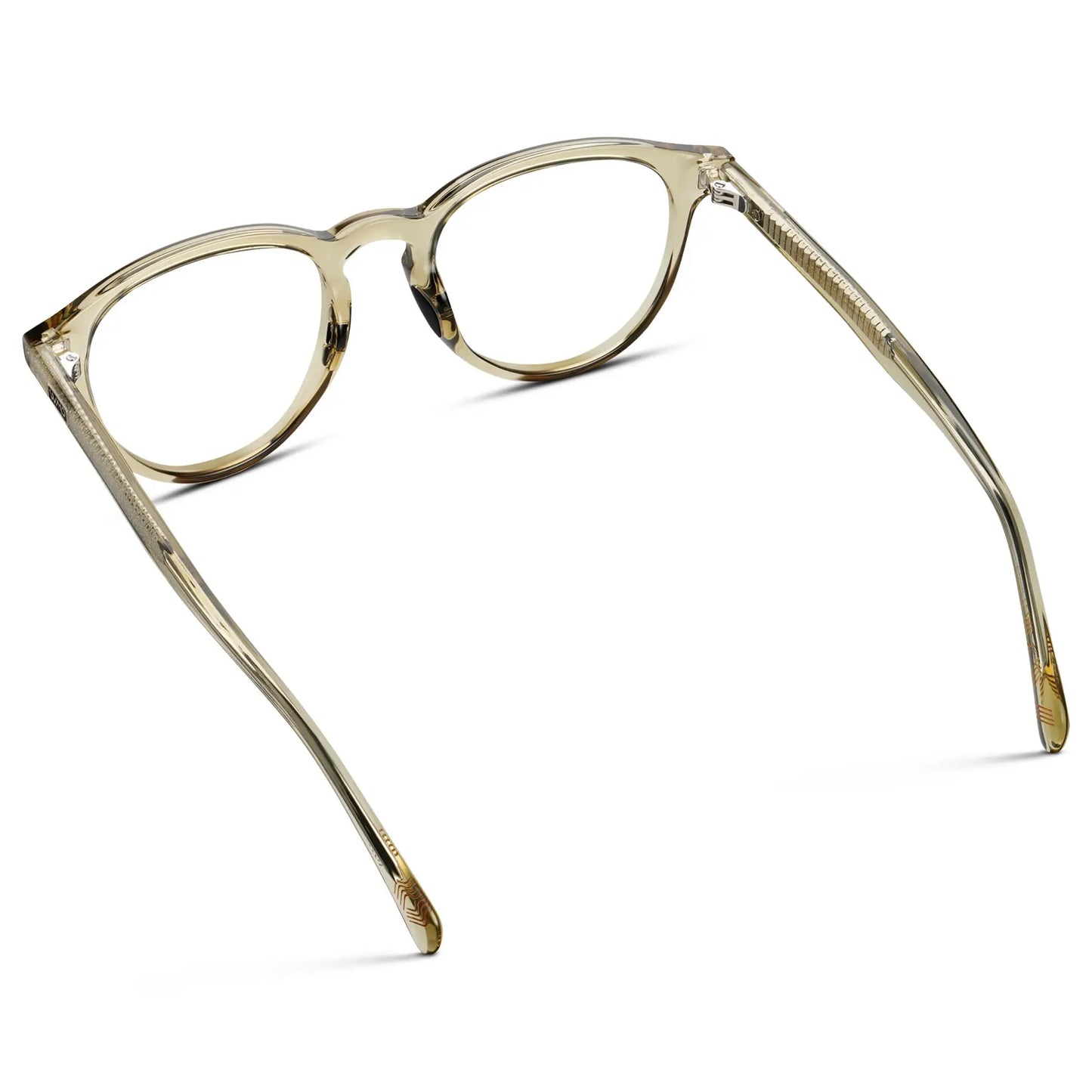 Iris Yellow || Back view of Unisex Round Performance Eyeglasses with Yellow Acetate Frame and Clear Prescription Lens on a white background