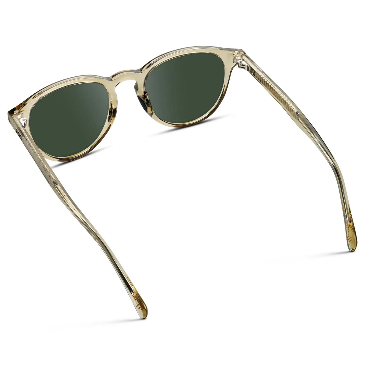Iris Yellow / G15 || Back view of Unisex Round Performance Prescription Sunglasses with Yellow Acetate Frame and Green Lens on a white background