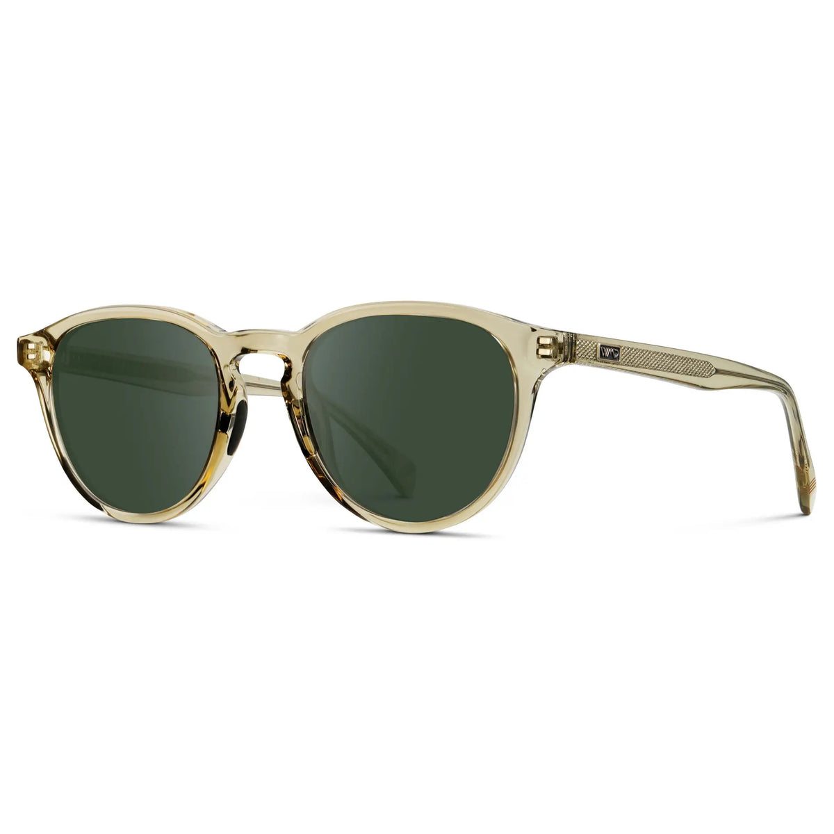Iris Yellow / G15 || Side view of Unisex Round Performance Prescription Sunglasses with Yellow Acetate Frame and Green Lens on a white background