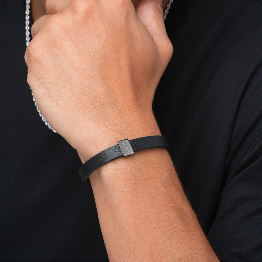 Gun Metal / Black Leather || Black Leather Cuff Bracelet with Gunmetal Metal Accents.