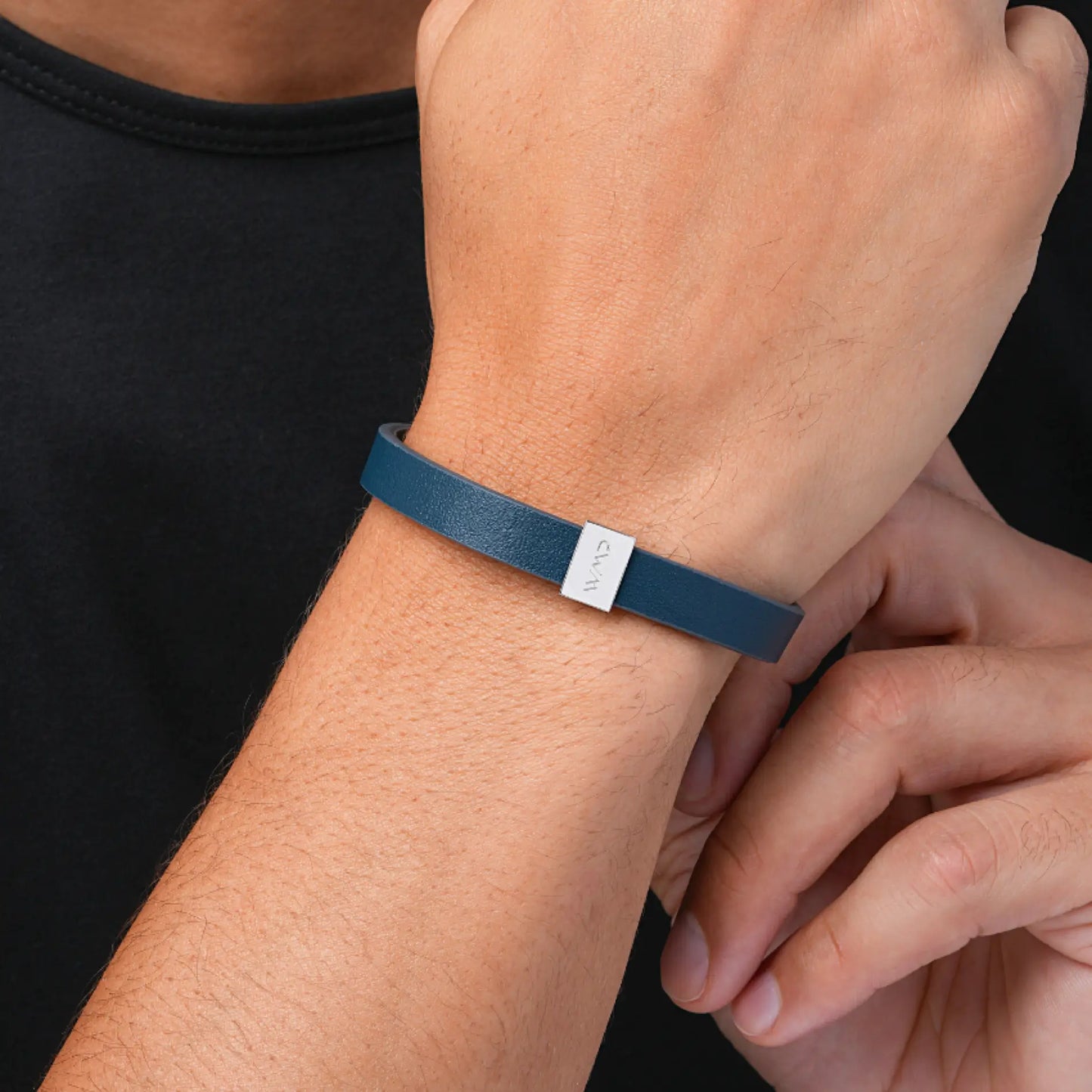 Silver / Navy Leather || Model wearing Blue Leather Cuff Bracelet with Silver Metal Accents.