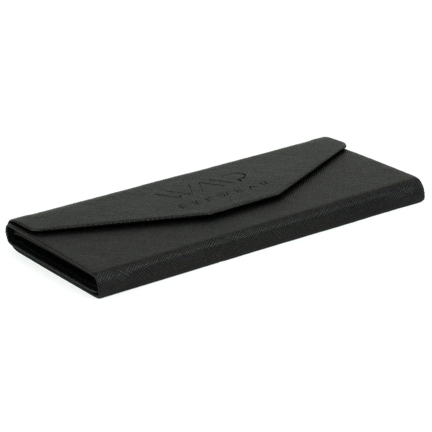 Black foldable eyewear case with magnetic closure designed to protect sunglasses and blue light blockers
