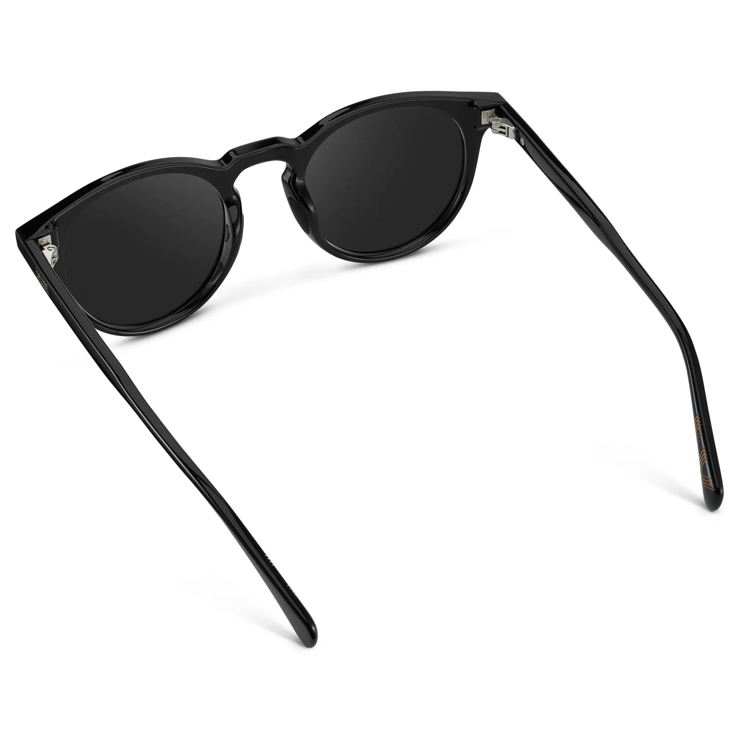 Black / Black Lens || Back view of Men's Round Sports Performance Sunglasses with Black Acetate Frame and Black Polarized Oleophobic Lens on a white background