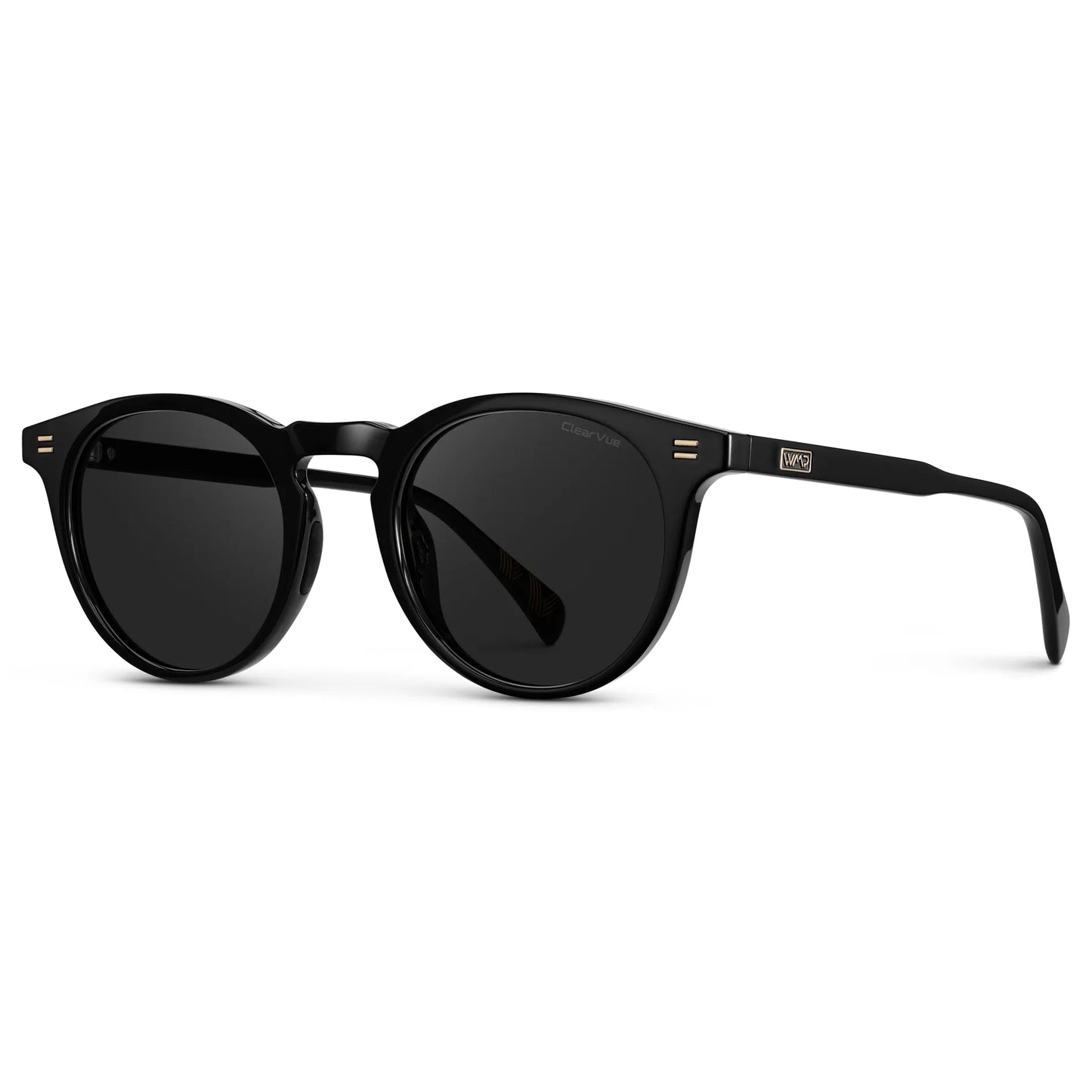 Black / Black Lens || Side view of Men's Round Sports Performance Sunglasses with Black Acetate Frame and Black Polarized Oleophobic Lens on a white background