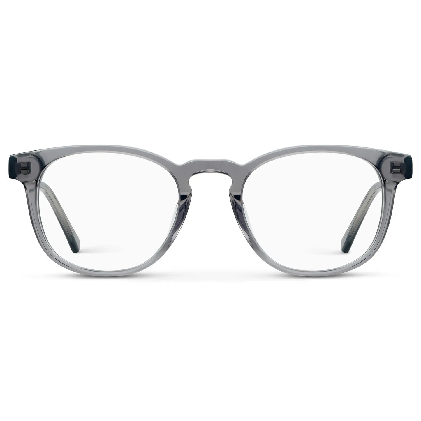 Crystal Grey || Unisex Round Blue Light Blocking Glasses with Crystal Grey Acetate Frame and Clear Lens on a white background
