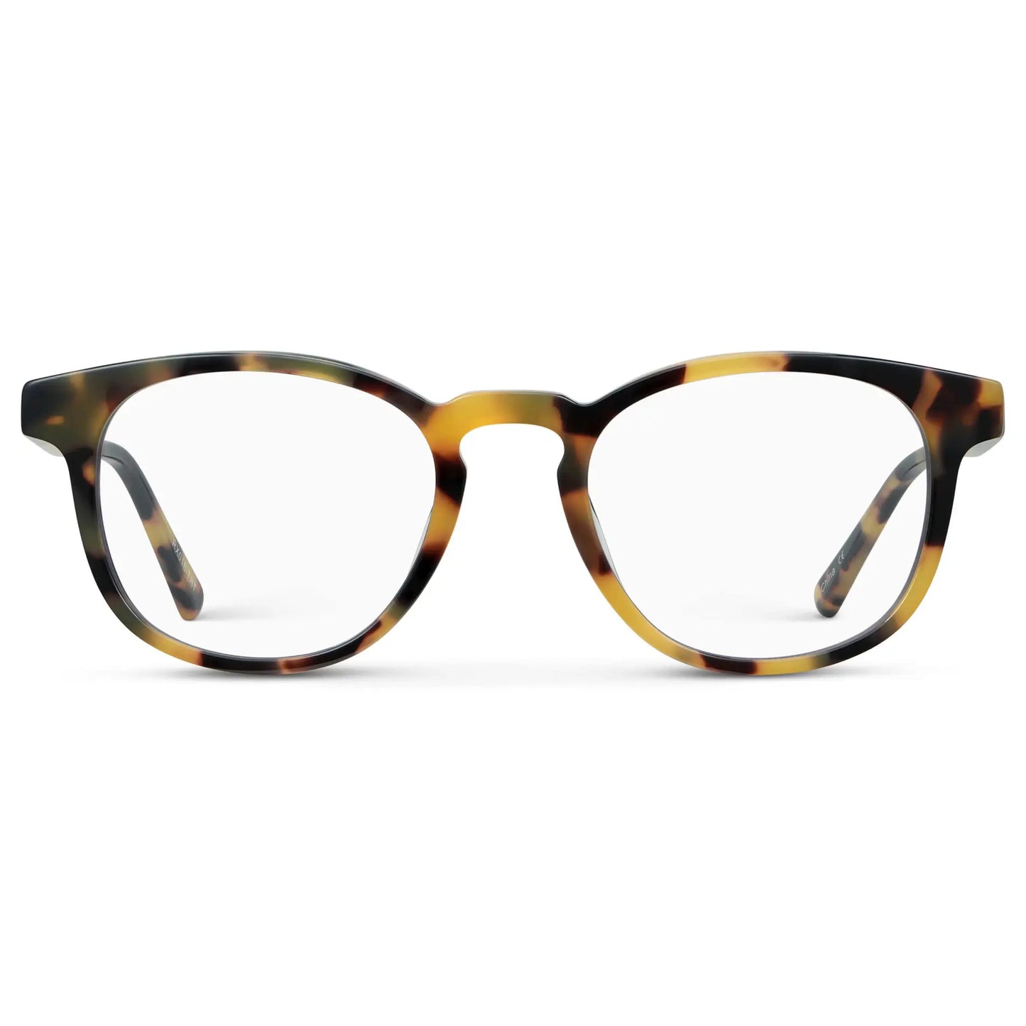 Dune Tortoise || Unisex Round Blue Light Blocking Glasses with Dune Tortoise Acetate Frame and Clear Lens on a white background