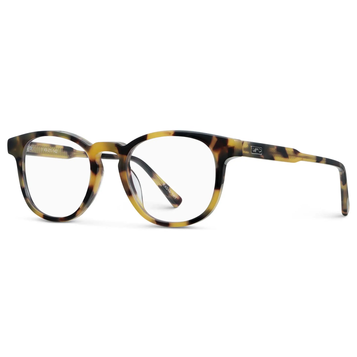 Dune Tortoise || Side view of Unisex Round Eyeglasses with Dune Tortoise Acetate Frame and Clear Prescription Lens on a white background