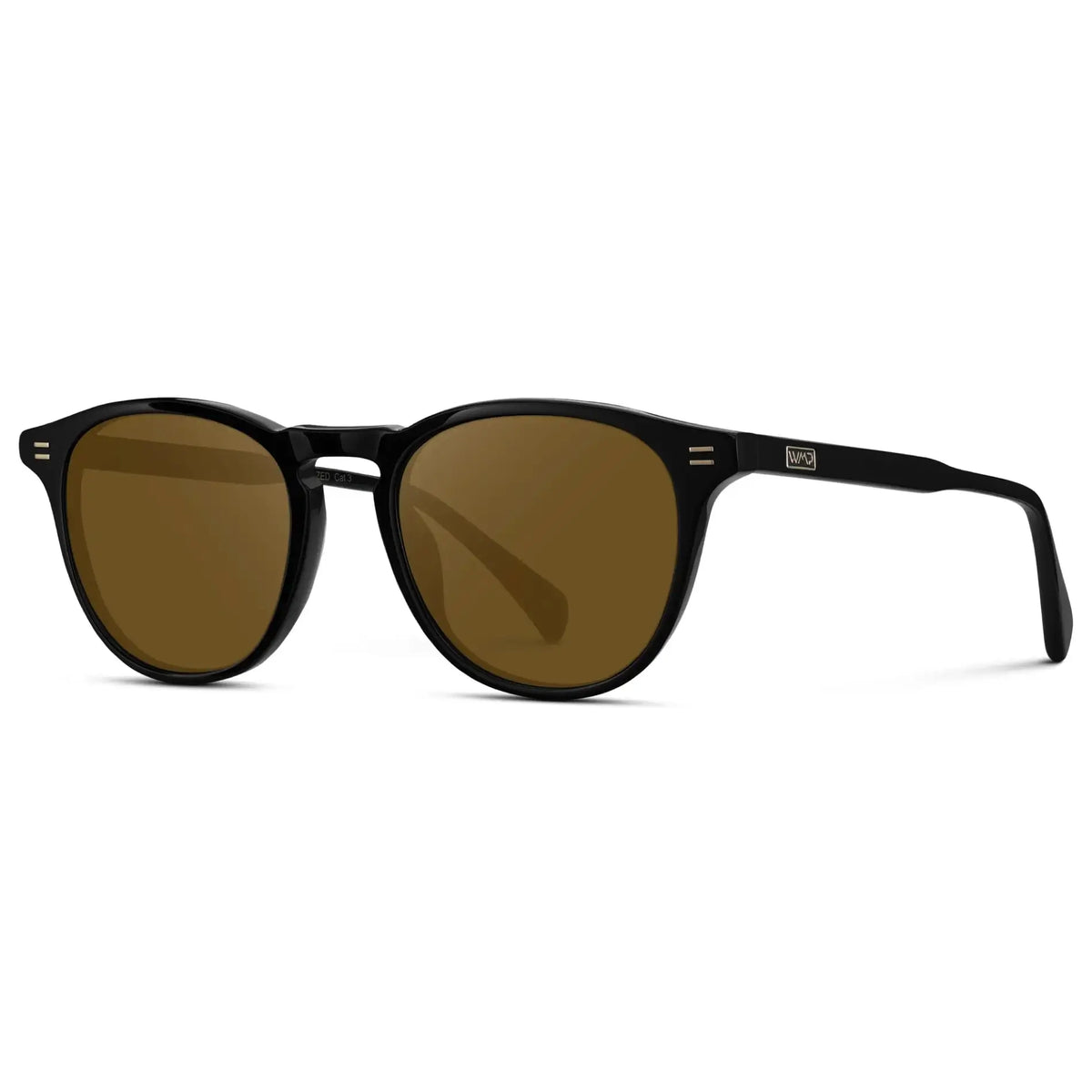 Black / Amber || Side view of Men's Round Prescription Sunglasses with Black Frame and Amber Lenses on a white background