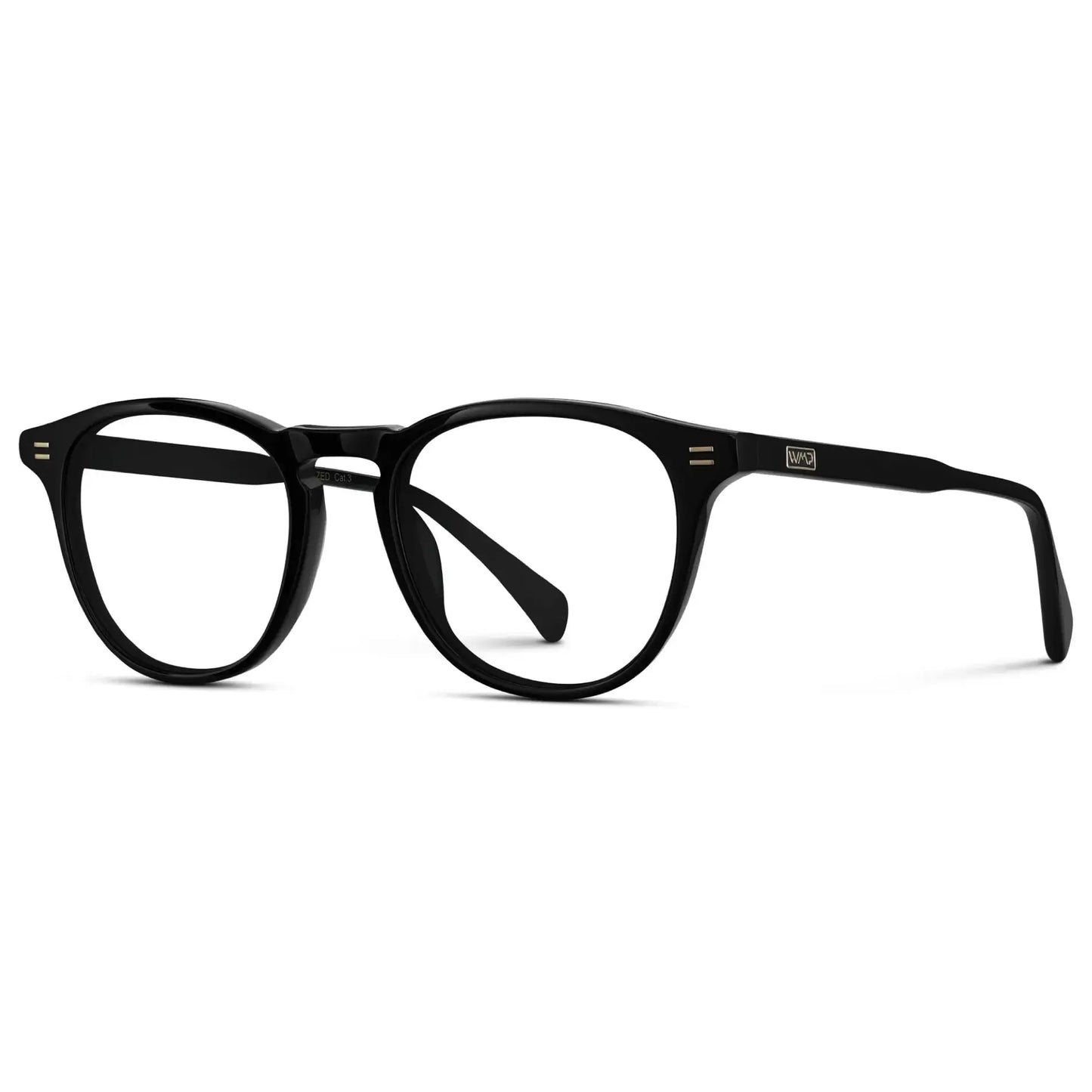 Black || Side view of Men's Round Prescription Glasses with Black Frame and Clear Lenses on a white background