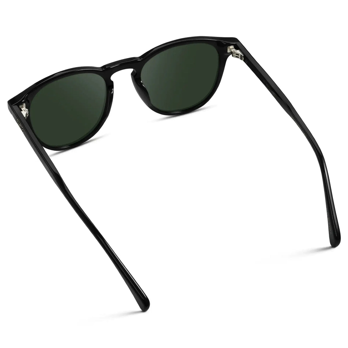 Black / G15 || Back view of Men's Round Prescription Sunglasses with Black Frame and Green Lenses on a white background