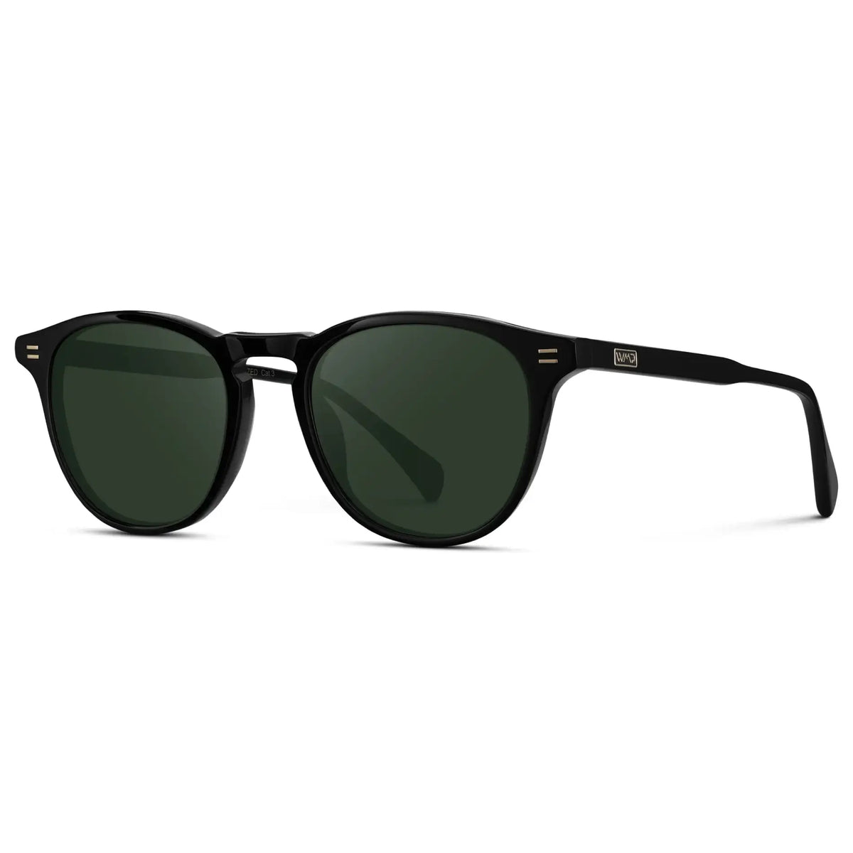 Black / G15 || Side view of Men's Round Prescription Sunglasses with Black Frame and Green Lenses on a white background