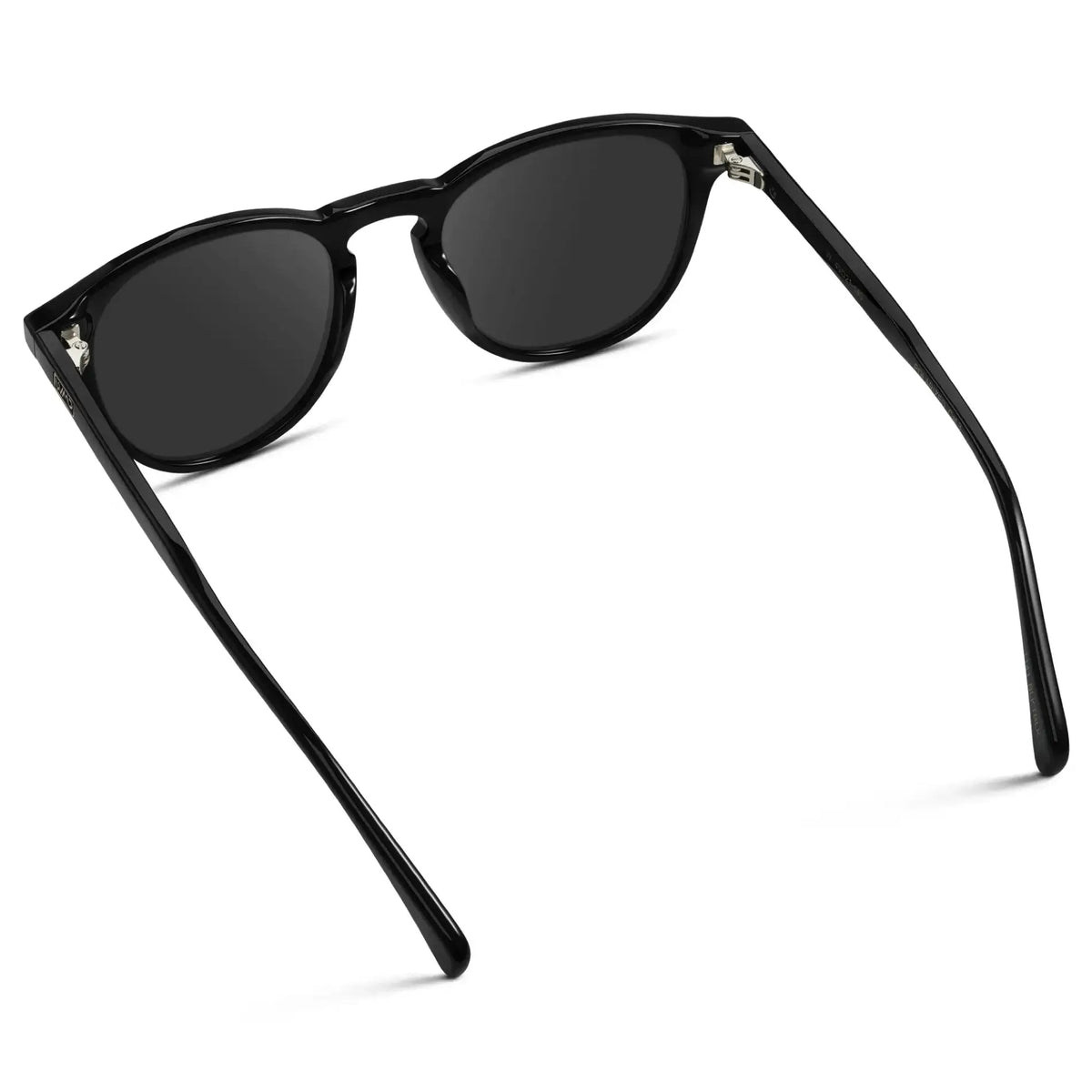 Black / Grey || Back view of Men's Round Prescription Sunglasses with Black Frame and Grey Lenses on a white background